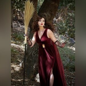 Unique Vintage Hocus Pocus Burgundy Dress with Attached sequin cape